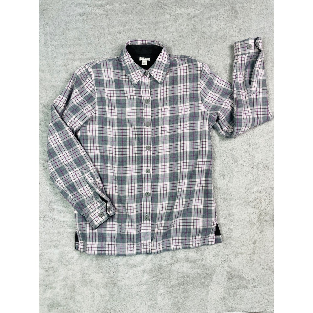 L.L. Bean Women Fleece Lined Flannel Shirt Gray Purple Plaid Button Up Size XXS
